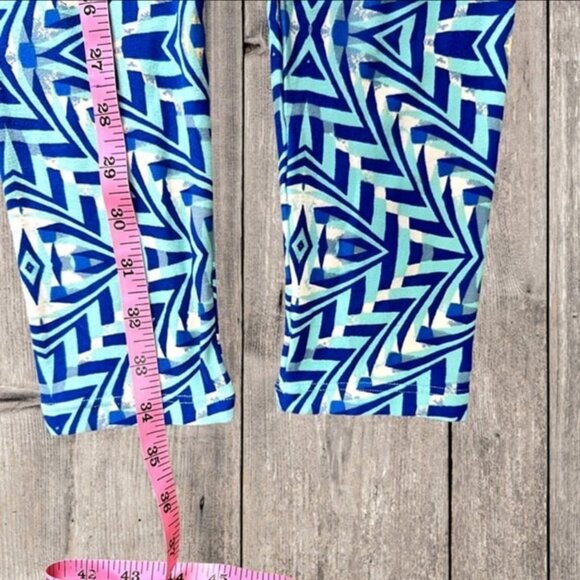 LuLaRoe Blue Geometric with Yellow Accent Lightweight Leggings Pants Women's OS - Picture 7 of 9